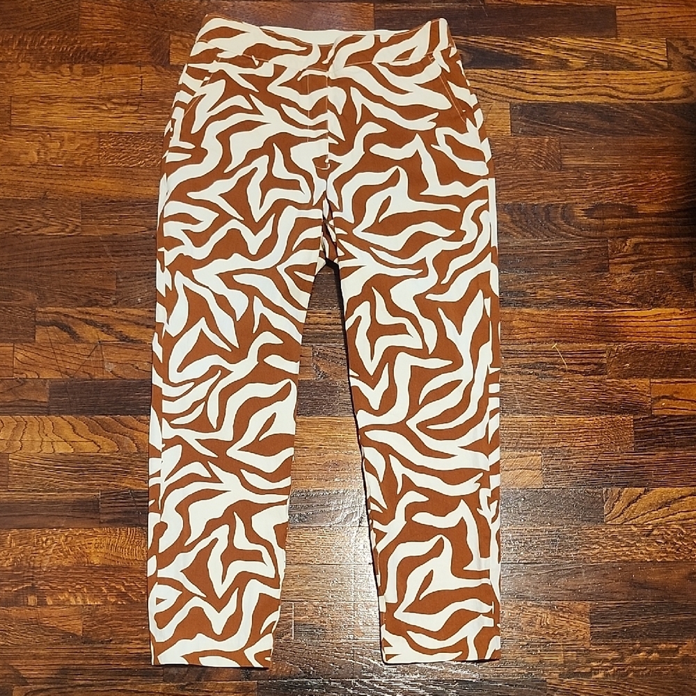 SPANX On The Go Neutral Abstract Print Brown White Stretch Waist Pants Med